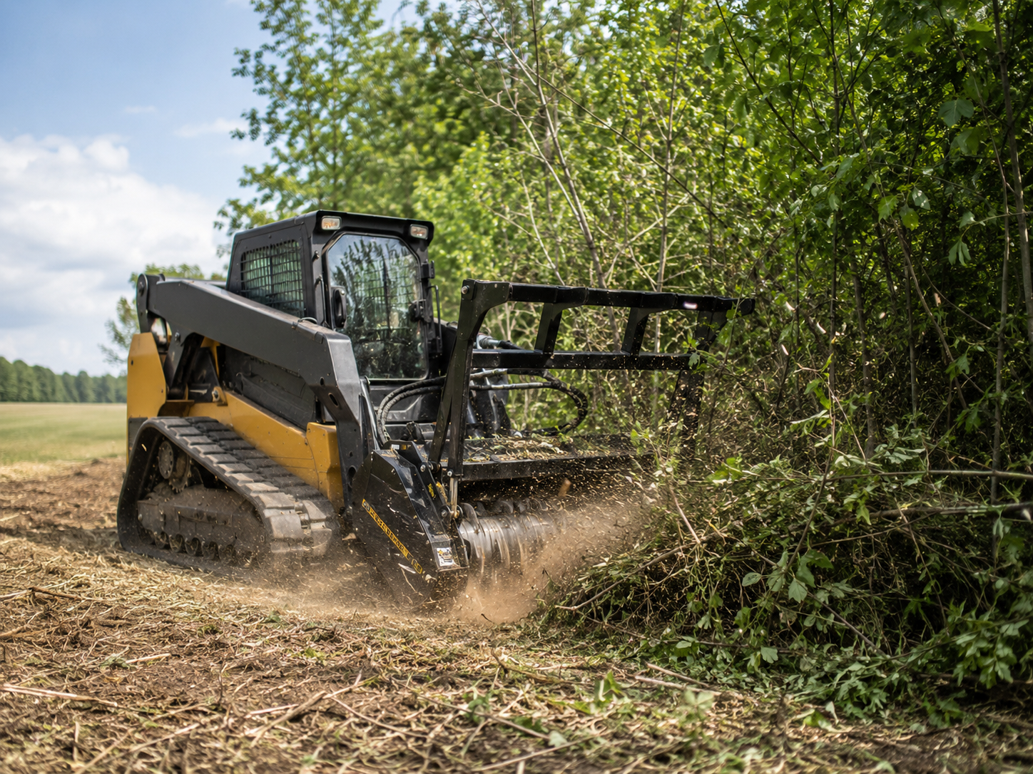 Skilled operator mulching thick vegetation to restore access across uneven wooded land